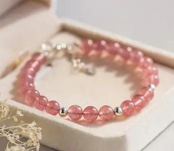 

Real. 100% 925 Sterling Silver Jewelry Natural Rose Quartz strawberry quartz &Lucky Ball Round Bead charms Bracelet GTLS373