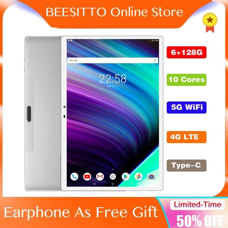 Tableta Global de 10,1 pulgadas, 1920x1200 IPS, diez núcleos, SIM Dual, 6GB RAM 128GB ROM de llamadas telefónicas 4G, WiFi 5G, Bluetooth, Android, PC 10