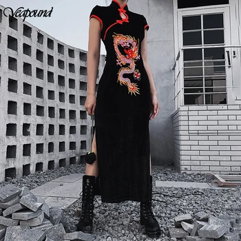

Women's Sexy Buckle Up Hollow Out Bodycon Dragon Printed Party Dress Silks Satins Summer Dress Cheongsam Style Maxi Dress