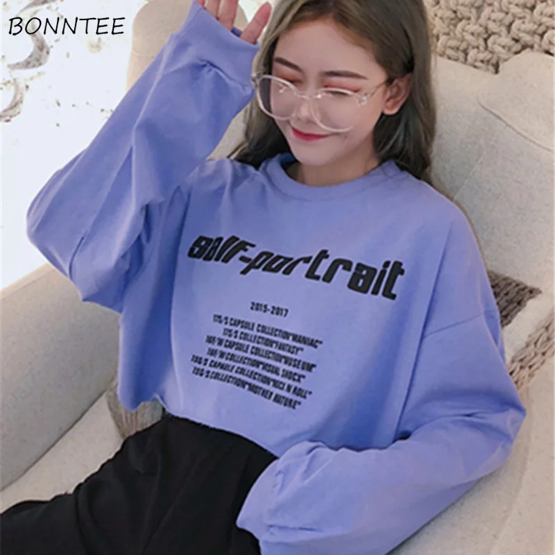  Hoodies Women Cotton Short Elegant Sweet Chic Letter Printed Sweatshirt Lady Korean Loose All-match