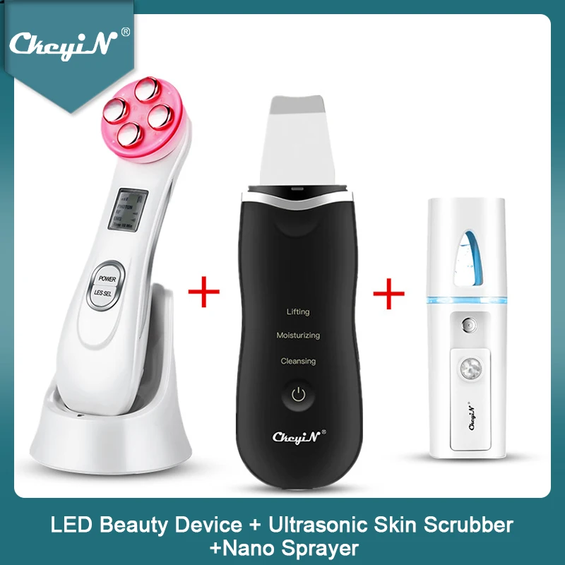 CkeyiN Ultrasonic Skin Scrubber Facial Spatula Deap Cleaning Skin Peeling Face Cleaner RF EMS LED Beauty Device Mini Nano mister