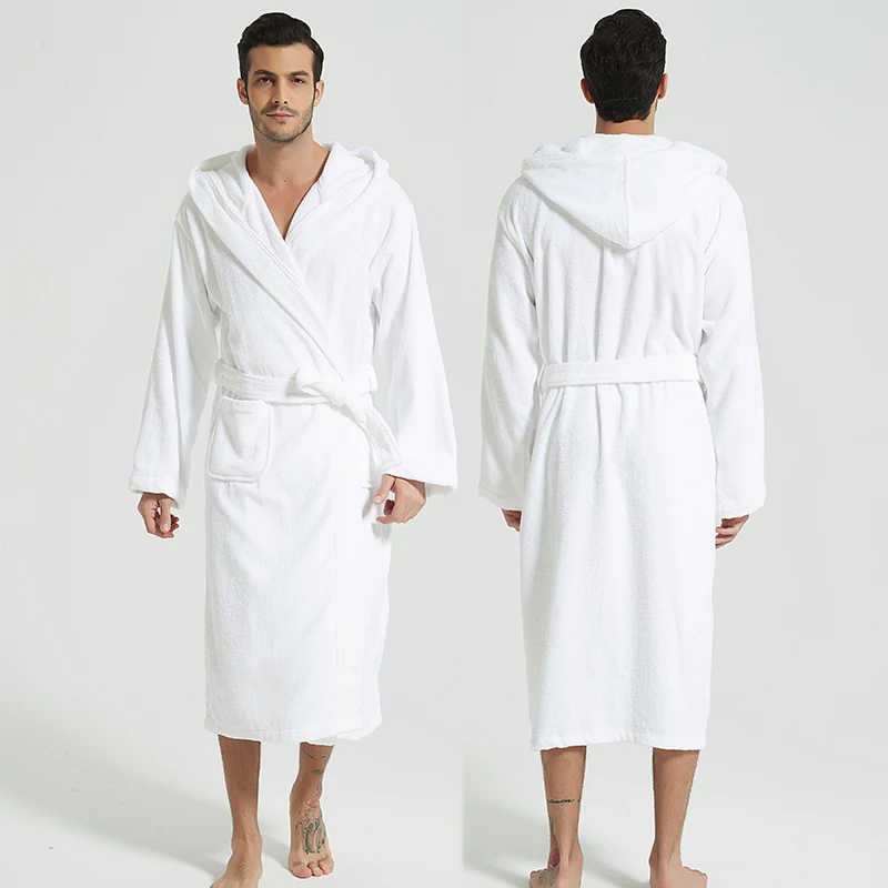 David Archy Hooded Robe Soft Coral Fleece Dressing Gown Mens Bathrobe Warm  Winter