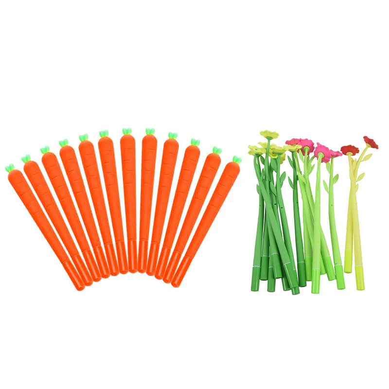 

27 Pcs Pen : 15 Pcs 0.38Mm Flower Shape Gel Pen with 12 Pcs Carrot Gel Ink Pen Soft RollerBall Pen Novelty Cute for Office Schoo