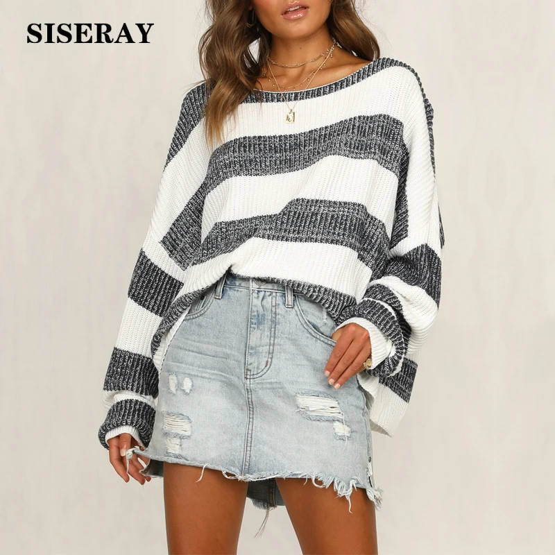 

Gray Long Sleeve Striped Pullover Knit Jumper Women New 2019 Autumn Loose Outwear Casual Loose Knitted Female Sweater Pull Femme