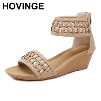 

HOVINGE Women Elegant Comfort Sandals Ankle Wrap Bohemia Sandals Boho Shoes Summer Beach Med Heel Platform Wedge Heels Plus