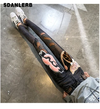 

High Waist Jeans Women European Pants Autumn and Winter Streetwear New Cartoon Patch Loose Straight Pencil Pants Trend Jeans