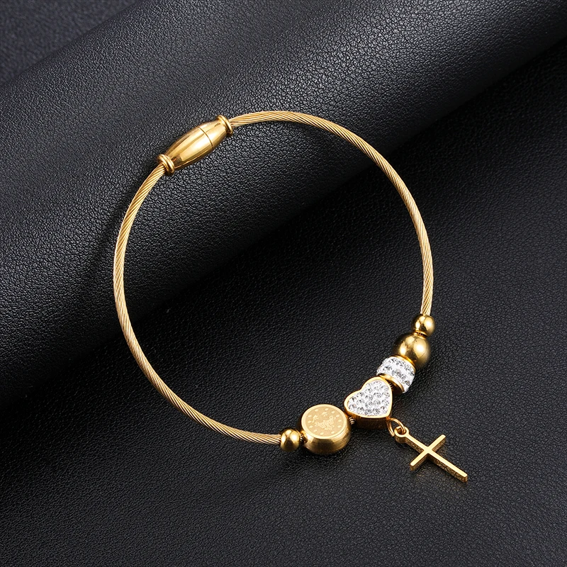 Religious Virgin Mary San Benito Medal Bangles For Women Rhinestone Heart Cross Pendant Pulseiras Feminina 3