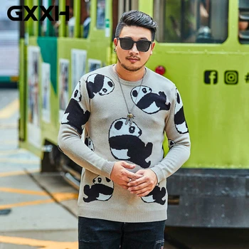 

GXXH Men Cartoon Cute Panda Loose Pullover Sweaters Lovely Oversize Fashion Round Neck Sweater Autumn Winter Big Size Sweaters