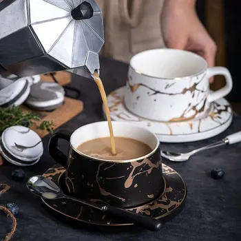

Classic European Marble gold ceramic coffee cup Business gift cafe light luxury coffee cup saucer set coffee cup
