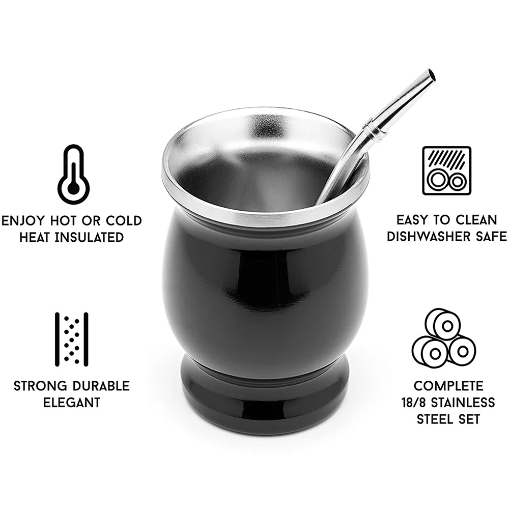 Yerba Mate Cup 304 Stainless Steel Double Wall 8oz With Bombillas and Cleaning Brush