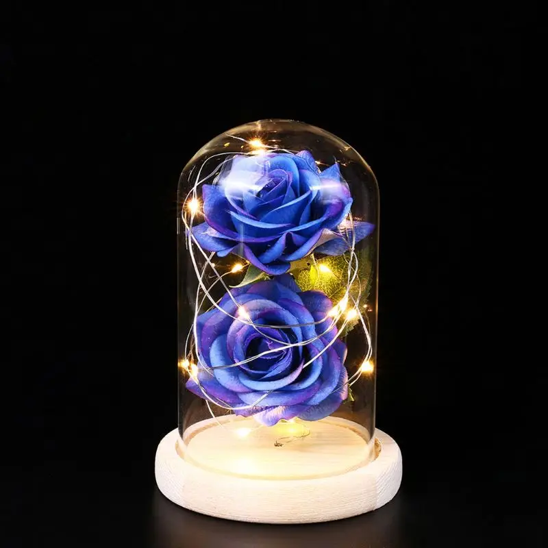 

Enchanted Forever 2 Rose Flowers In Glass LED Light Desk Lamp Romantic Valentine's Day Wedding Festival Gift Home Decor DXAF