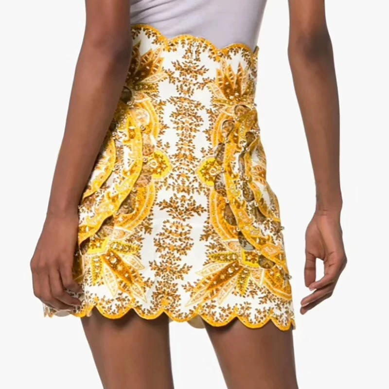 Юбки с высокой талией женские летние новые золотые выдалбливают нежные вышивки геометрический узор Женская юбка