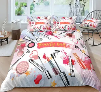 

Beauty Series Duvet Cover Sets,Makeup Brush Lipstick Mascara Cosmetics Printing,Girls Women Home Bedroom Decoration Bedding Sets