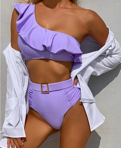 Bikini Set One Shoulder Swimsuit  High Waisted Swimming Suit for Women 2021 Summer Female Bathing Suits Beachwear