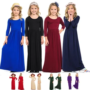 

Hot Selling Gril's Dress Europe And America Solid Color Big Hemline Child Solid Dress