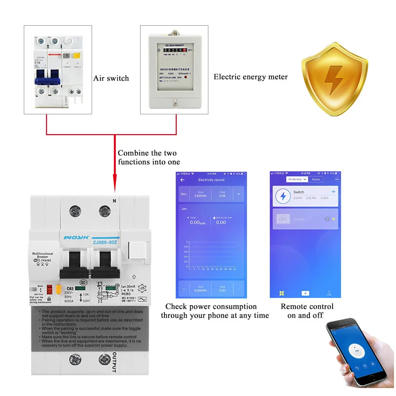 2p WiFi leakage current Smart Circuit Breaker with Energy monitoring and meter function for Amazon Alexa and Google home
