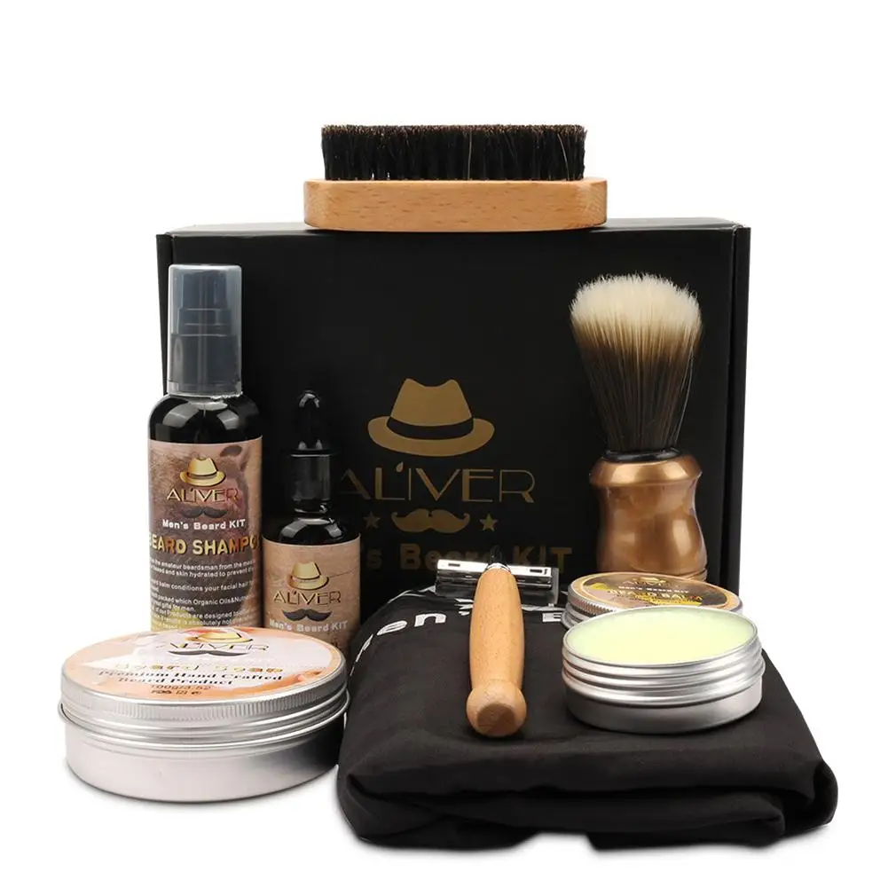 Men Beard Kit Styling Tool Beard Essence Oil Comb Brush With Apron Cloth Moustache Balm Moisturizing Wax Styling Beard Care Set