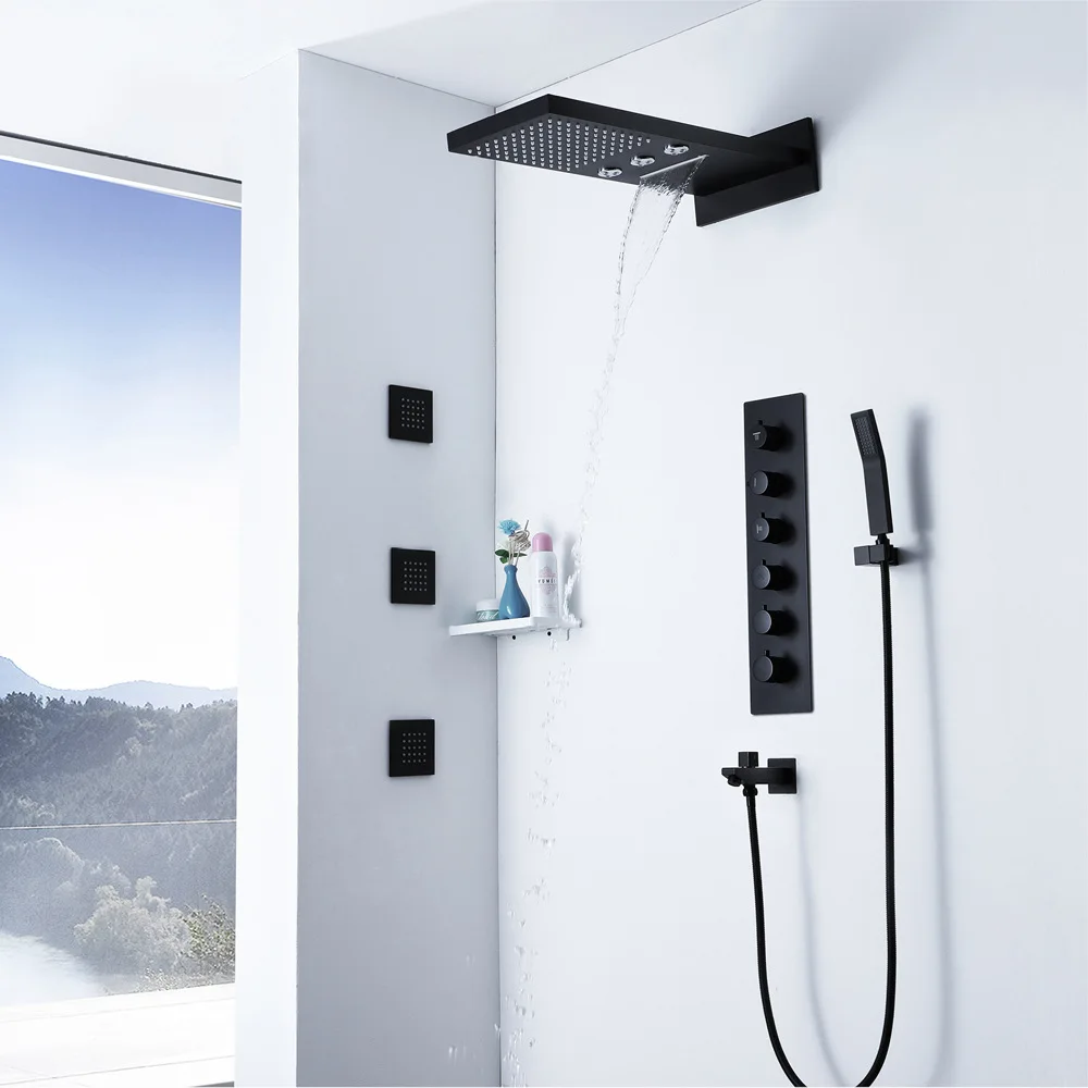 

Hideep Wall-in Embedded Constant Temperature Control Valve Body Raindance Top Shower Head Black And White with Pattern Shower Se