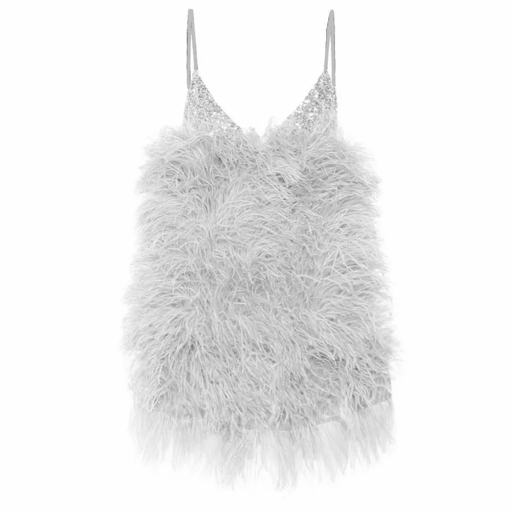 Серебристый WHITNEY WANG Spring Fashion Sexy Spaghetti Strap Sequins Feathers Dress Women Night Club Party Dress - Цвет: Серебристый