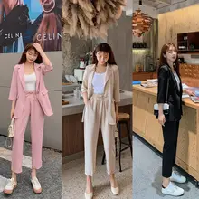 Aliexpress - Lady 2 Piece Set Summer Office Women’s Pant Suits Loose Solid 3/4 Sleeve Blazer Cropped Pants Female Outfit Casual Jacket