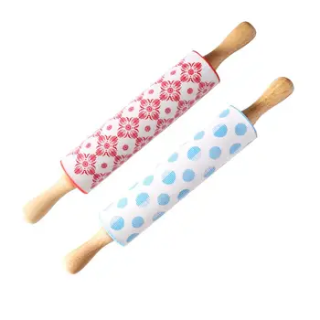 

2pcs Food Grade Silicone Wood Handlde Rolling Pin Non-Stick Rolling Stick Roller Baking Tools For Home (Red Printed + Blue Dot)