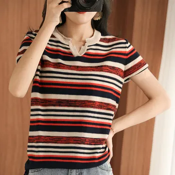 

2020 Summer New Pure Cotton Knitted Short-Sleeved Women's V-Neck Loose Cotton and Linen Stripe Fashion Thin Section Shirt Shirt