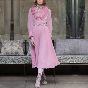 

Elegant Ruffle V Neck Pleated A-line Long Dress Women Pink Vintage Retro European Style Runway Chiffon Ladies Dresses Female