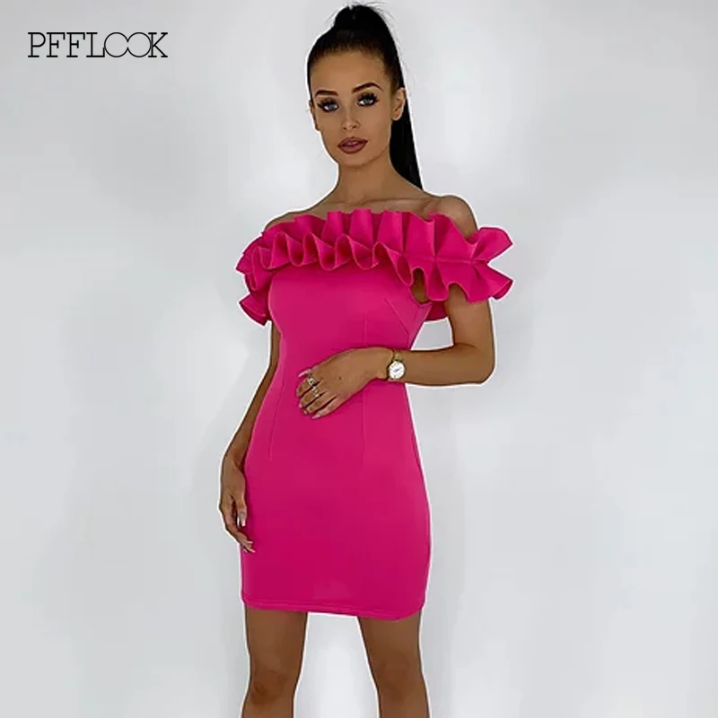 PFFLOOK, летнее, без бретелек, с оборками, сексуальное платье для женщин, с открытыми плечами, облегающее, мини, вечерние платья, женская одежда для ночного клуба, вечерние платья