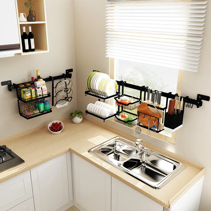 

Stainless steel kitchen shelf wall hanging rack black sink rack hole-free cutter rack drainage bowl rack condiment collection