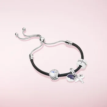 

High Quality Original 1:1 100%925 Sterling Silver Black Leather Rope Aircraft Strap Shrink Bracelet Free Shipping