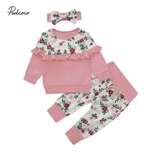 Брендовый спортивный костюм для девочек, одежда для маленьких девочек, топы с оборками и цветочным принтом, толстовка, леггинсы, штаны, повязка на голову, комплект из 3 предметов