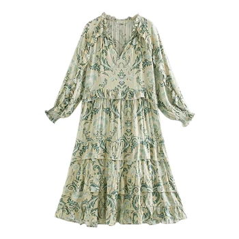 

Vintage Chic Women Floral Print Bat Sleeve Beach Bohemian Pleated Maxi Dress V Neck Ruffles Summer Boho Dress FFZYQ561