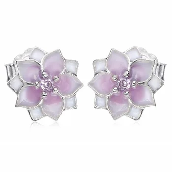 

New 925 Sterling Silver Earring Enamel Magnolia Bloom With Crystal Studs Earring For Women Wedding Gift Fine Jewelry