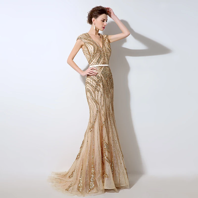 Роскошные золотые блестки Иллюзия обратно вечерние платья сексуальное v-образным вырезом платье-русалка, украшенное бусинами платье для выпускного Дубай Rodes De Soiree LSX053