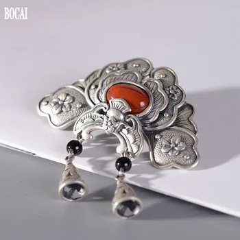 

S925 pure silver jewelry pendant for woman Thai silver matte blessing in front peony flower brooch agate woman pendant silver