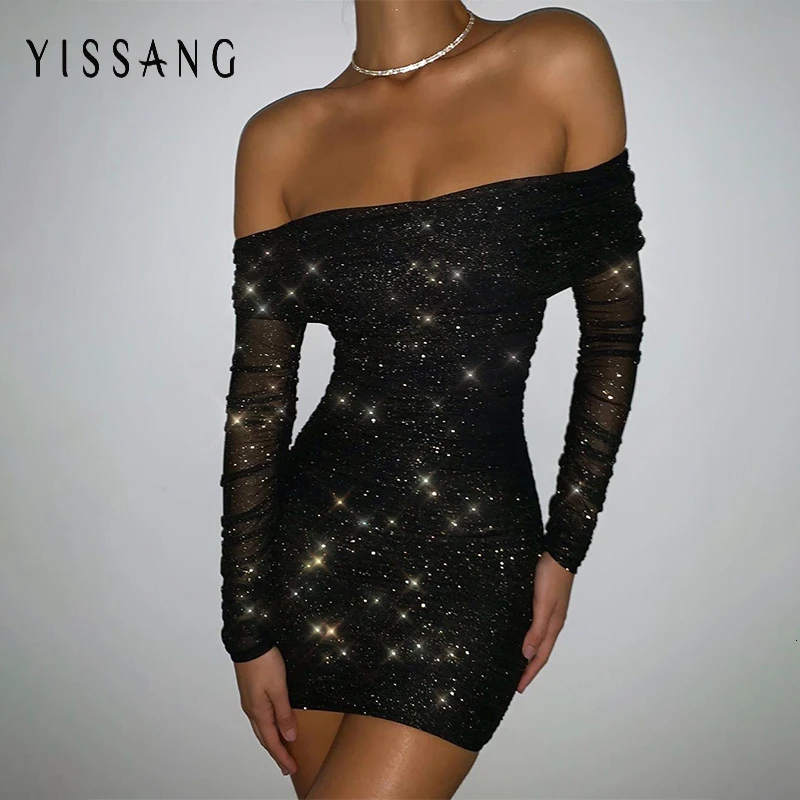 Yissang, элегантное, с открытыми плечами, черное платье, для женщин, двойной слой, сетка, сексуальные, вечерние, с блестками, платье с рюшами, осень, облегающее, мини-платье - Цвет: Черный