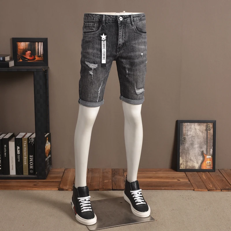 

Casual Ripped Denim Shorts 2020 Summer Jeans Fashion Dark Gray Straight Regular Knee Length Pants