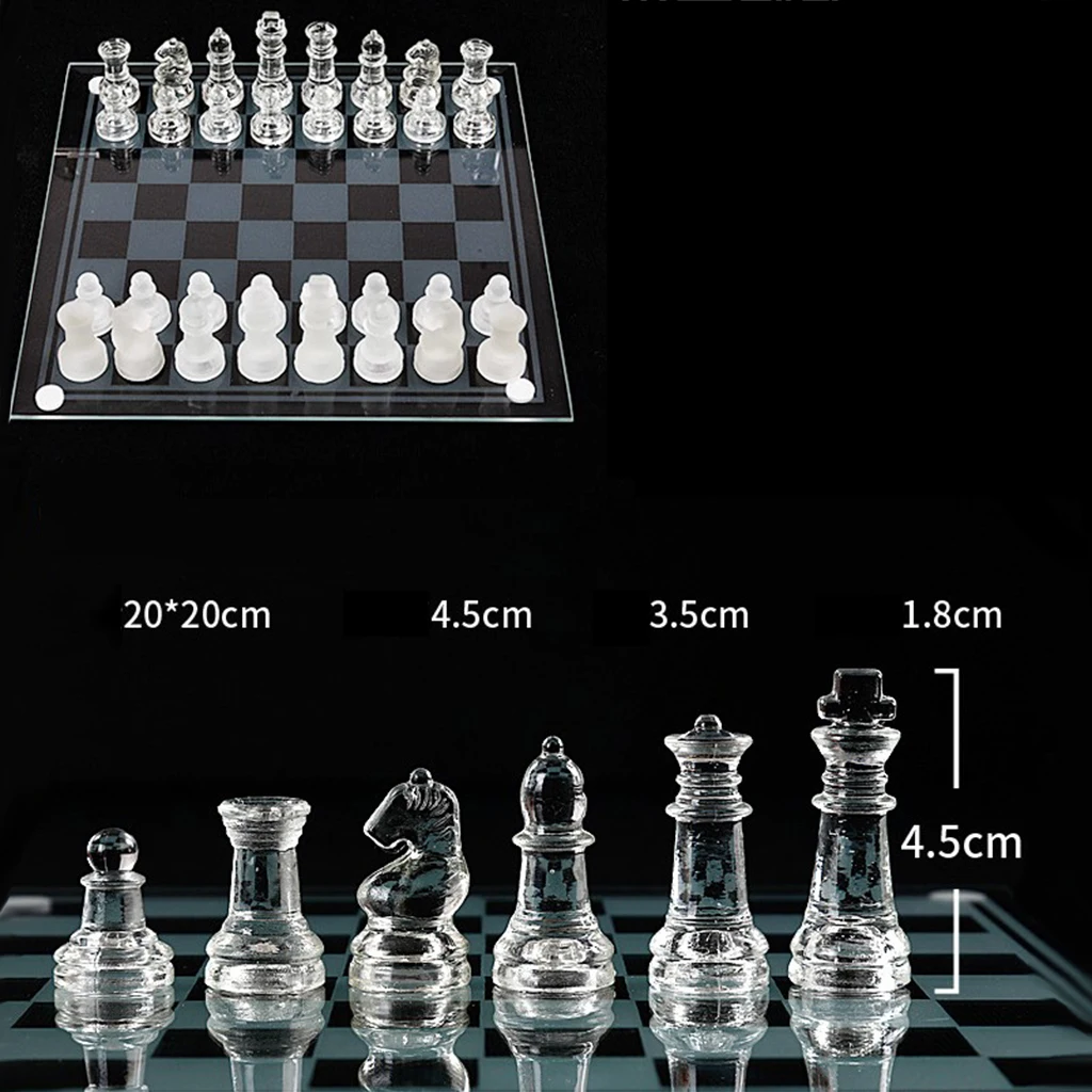 Glass Chess Game Set Functional Solid Glass Chess Board with Clear Frosted Glass Pieces Board Games for Kids Adults--20x20cm