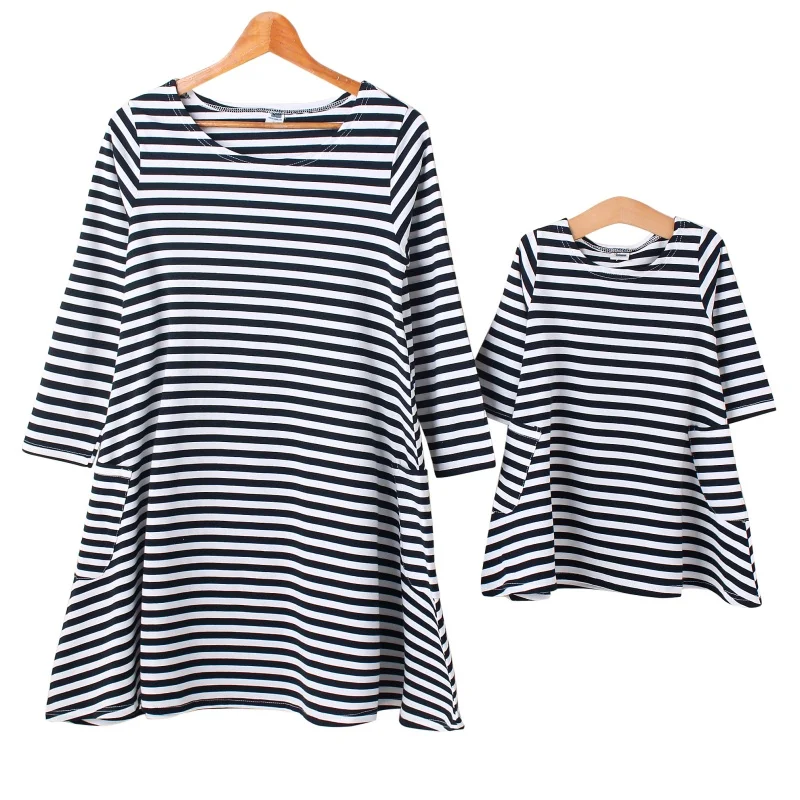

Baby & Mom Family Matching Clothes Outfits Dress Women Kids Pajamas Stripe Three Quater Sleeve Mother and Child Clothing