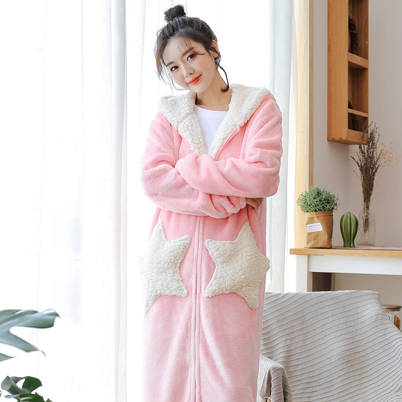 Pink female Зимний халат женский сладкий Звезды Луна молния купальные халаты с капюшоном женский домашний удобный фланелевый Халат пара Badjas - Цвет: Pink female