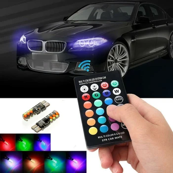 

2 LED T10 W5W 501 RGB Colour Changing Car Wedge Side Light Bulbs Remote Control T10-18smd Silica Gel RGB Car Lights