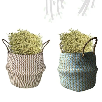 

2pcs Portable Foldable Natural Seagrass Woven Storage Basket with Handle for Home Decorations - Blue & White