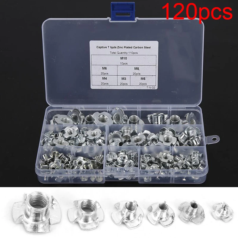 

120pcs Four Pronged T Nuts Zinc Plated M3 M4 M5 M6 M8 Furniture Shop Fittings With Sturdy Plastic Box