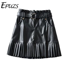 Винтажная юбка из искусственной кожи Женская поясная сумка с галстуком-бабочкой искусственная плиссированная повседневная юбка с высокой талией зимняя черная юбка falda polipiel