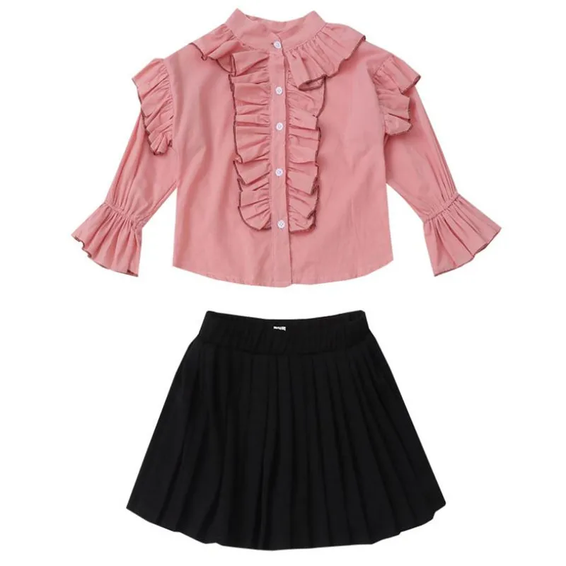 

DFXD Big Girl Clothes Korean Girls Fall Set Flare Sleeve Wood Ear Soild Shirts Pleated Skirts 2pc Princess Clothing Sets 3-10Yrs