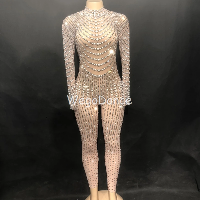  new Women Sexy Glass Sparkling Mesh Jumpsuit See Through Crystals Pearls Leotard Birthday Clothing