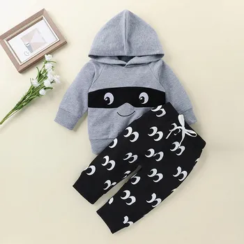 

Winter Baby 2pcs Set Kids Boys Girls Long Sleeve Smiling Face Print Full Sleeves Hooded Sweater+Trousers Детский набор Warm Suit