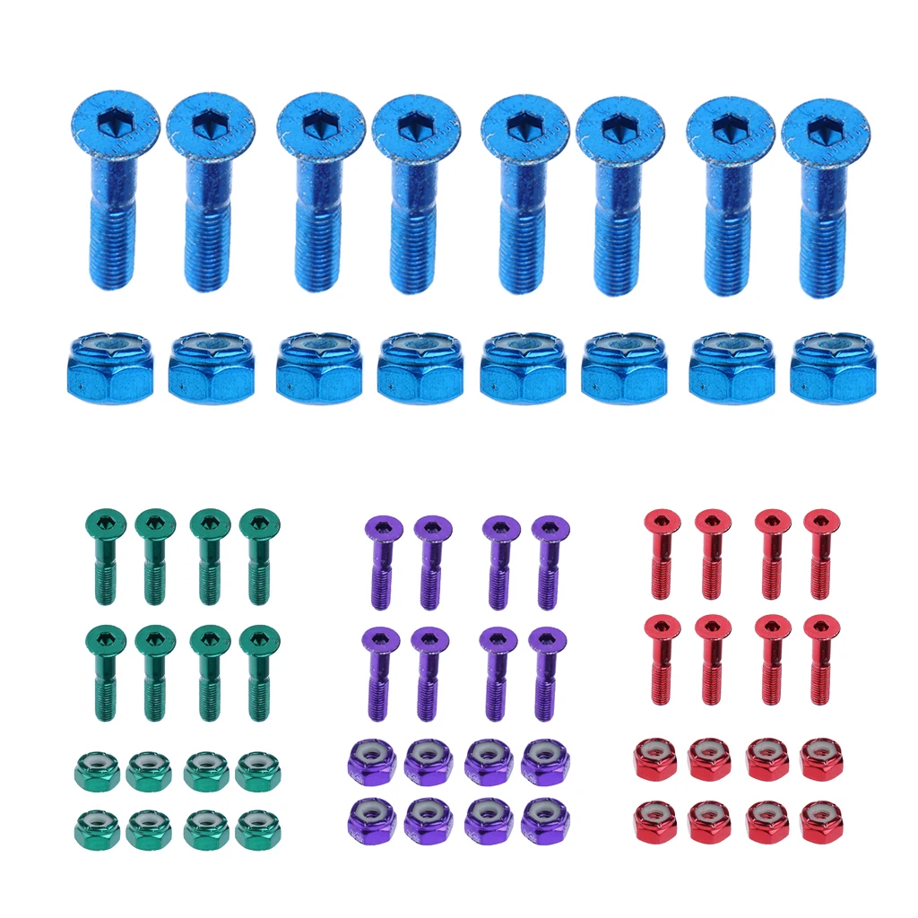 Set of 8 pcs Flat Head Replacement Skateboard Truck Hardware Longboard Mounting Screws Bolts Nuts 2.54 cm / 1''