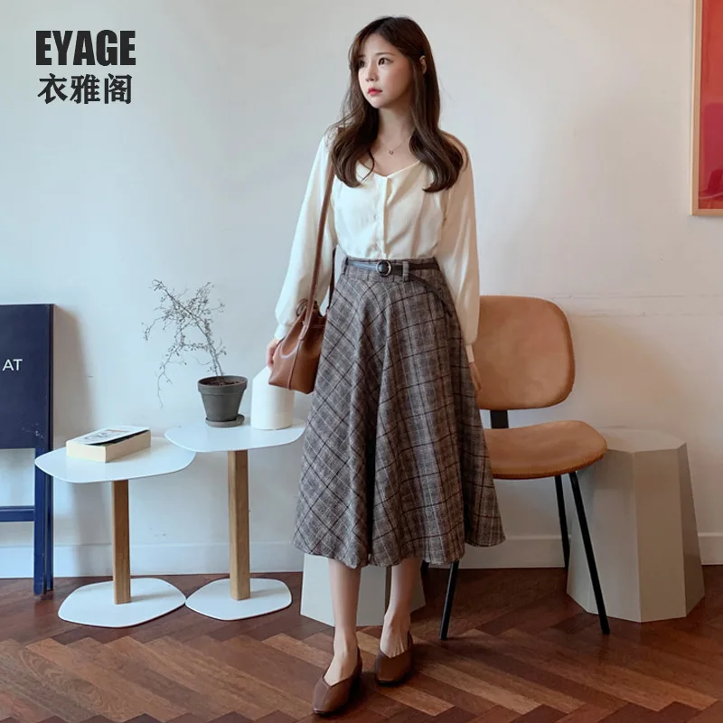

2019 Autumn And Winter New Style College Style Versatile Plaid Mid-length Skirt High-waisted A- line Skirt Big Skirt Full Skirt