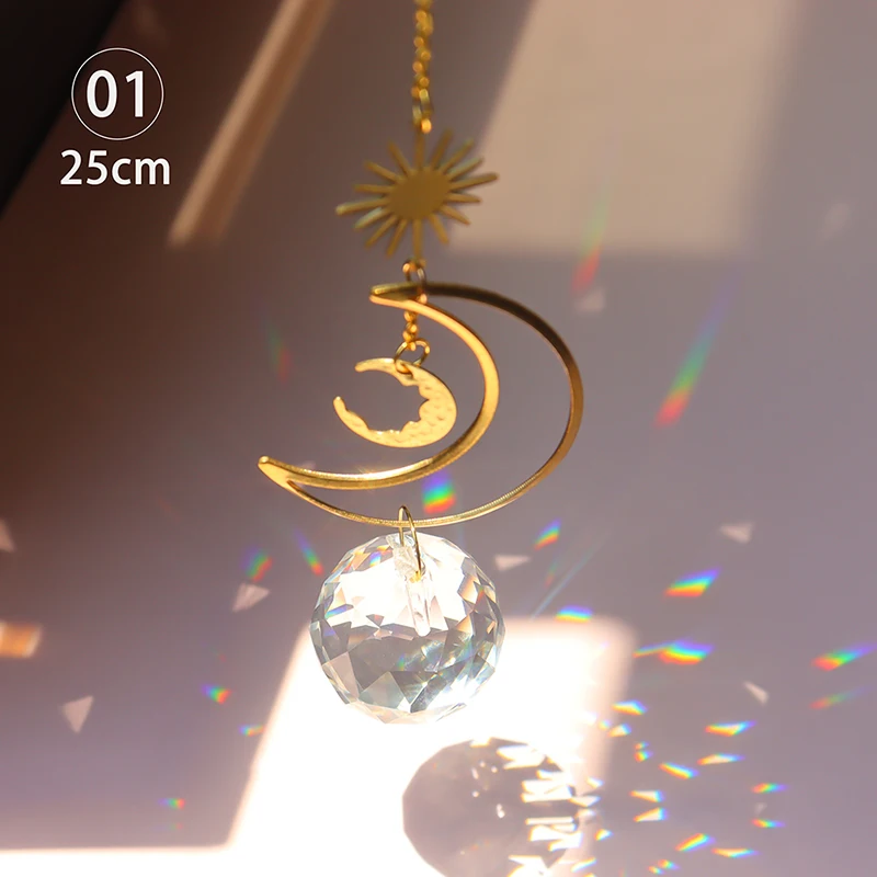 Crystal Geometric Wind Chime Star Moon Pendant Sun Suncatcher Plated Colorful Beads Hanging Drop For Outdoor Indoor Garden